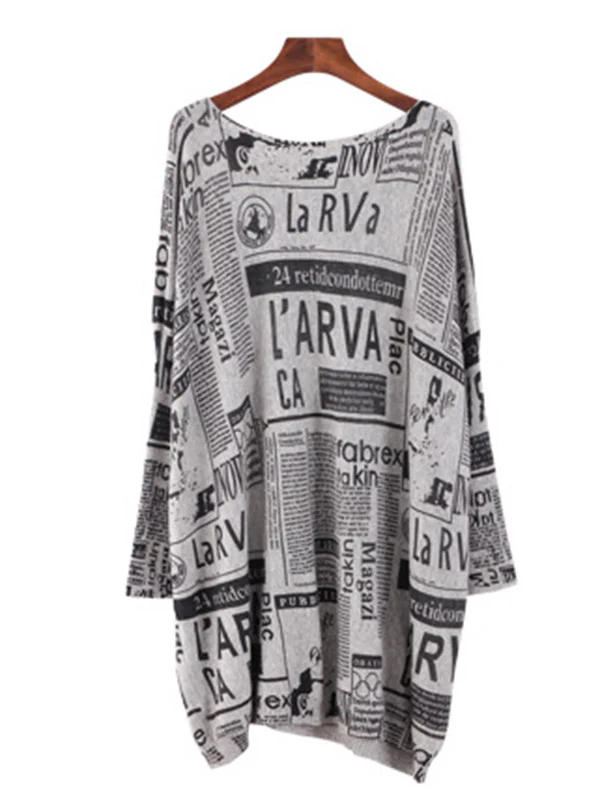 Vintage Loose One-Shoulder Newspaper Printed Split-Joint Sweater - Image 18