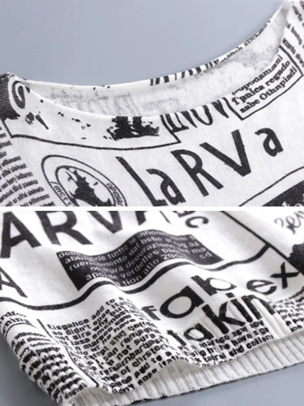 Vintage Loose One-Shoulder Newspaper Printed Split-Joint Sweater - Image 19
