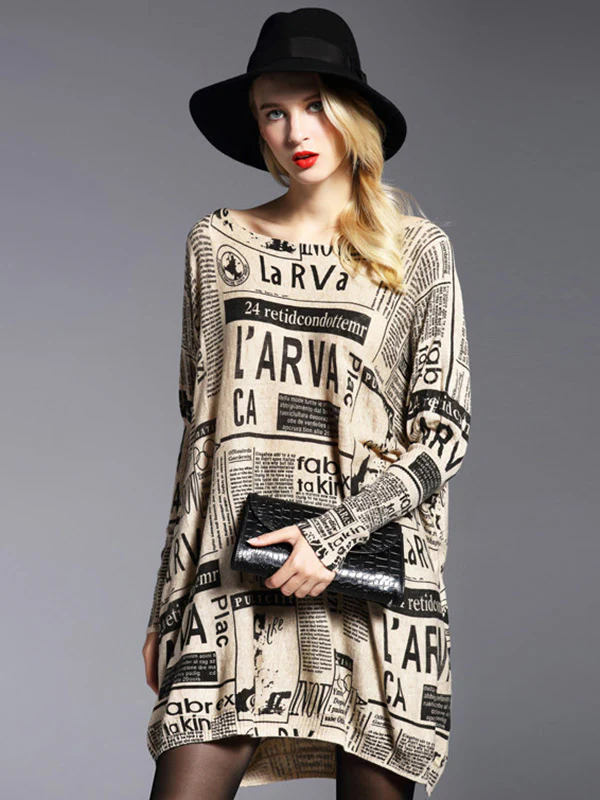 Vintage Loose One-Shoulder Newspaper Printed Split-Joint Sweater - Image 2