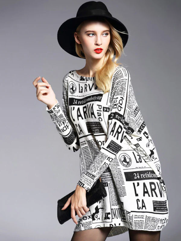 Vintage Loose One-Shoulder Newspaper Printed Split-Joint Sweater - Image 3