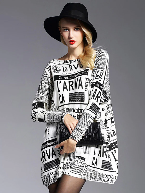 Vintage Loose One-Shoulder Newspaper Printed Split-Joint Sweater - Image 4