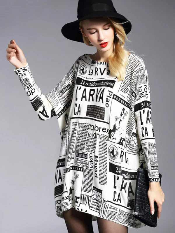 Vintage Loose One-Shoulder Newspaper Printed Split-Joint Sweater - Image 5