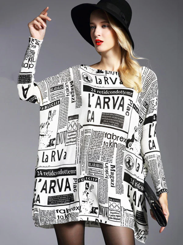 Vintage Loose One-Shoulder Newspaper Printed Split-Joint Sweater - Image 6