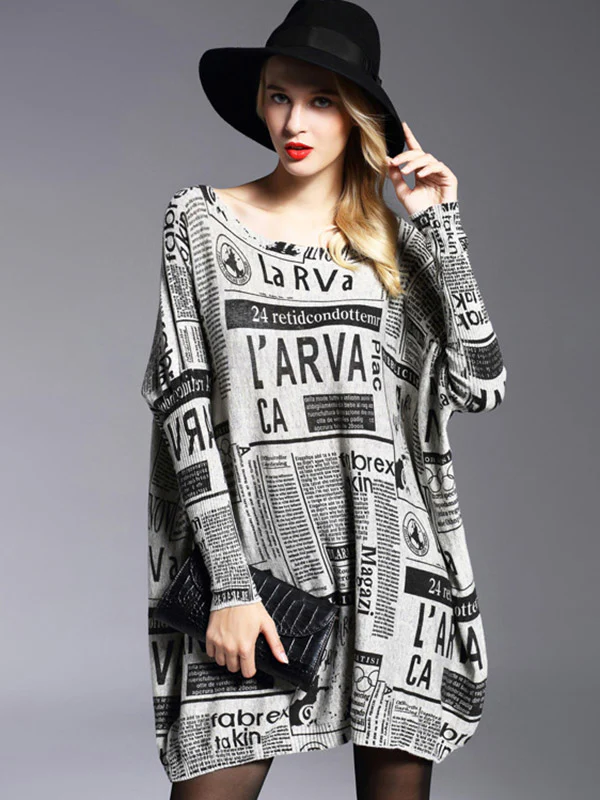 Vintage Loose One-Shoulder Newspaper Printed Split-Joint Sweater - Image 7