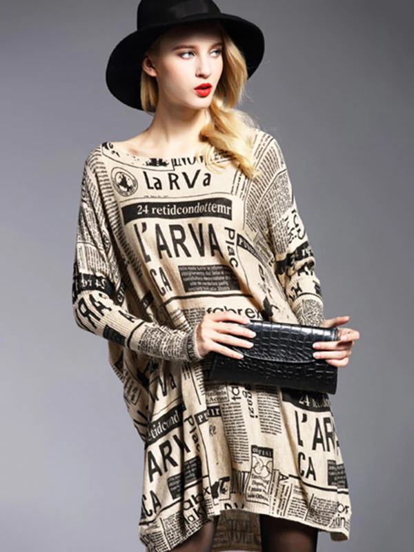 Vintage Loose One-Shoulder Newspaper Printed Split-Joint Sweater - Image 8