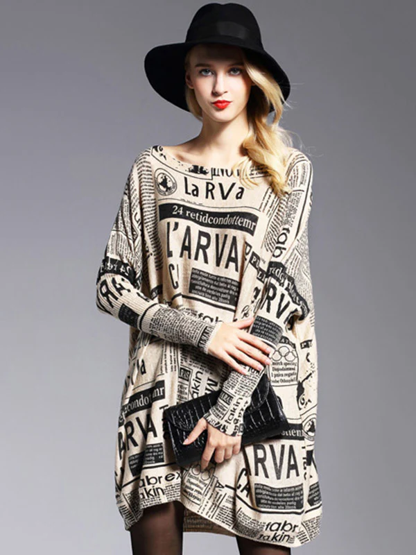 Vintage Loose One-Shoulder Newspaper Printed Split-Joint Sweater - Image 9