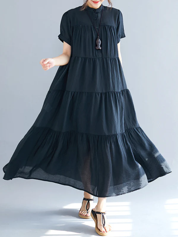 Vintage Loose Split-Joint Pleated Short Sleeves Round-Neck Midi Dress - Image 2