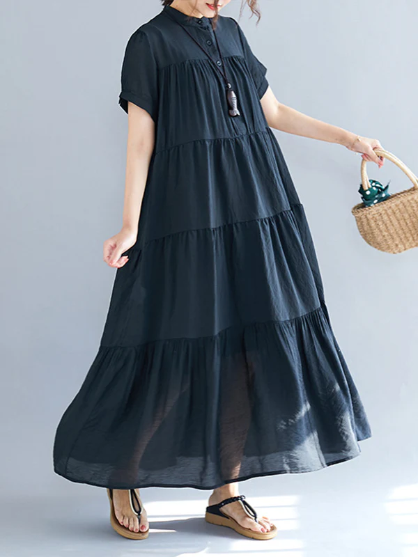 Vintage Loose Split-Joint Pleated Short Sleeves Round-Neck Midi Dress - Image 3