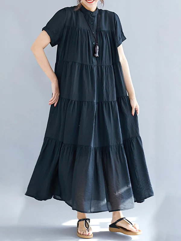 Vintage Loose Split-Joint Pleated Short Sleeves Round-Neck Midi Dress - Image 4