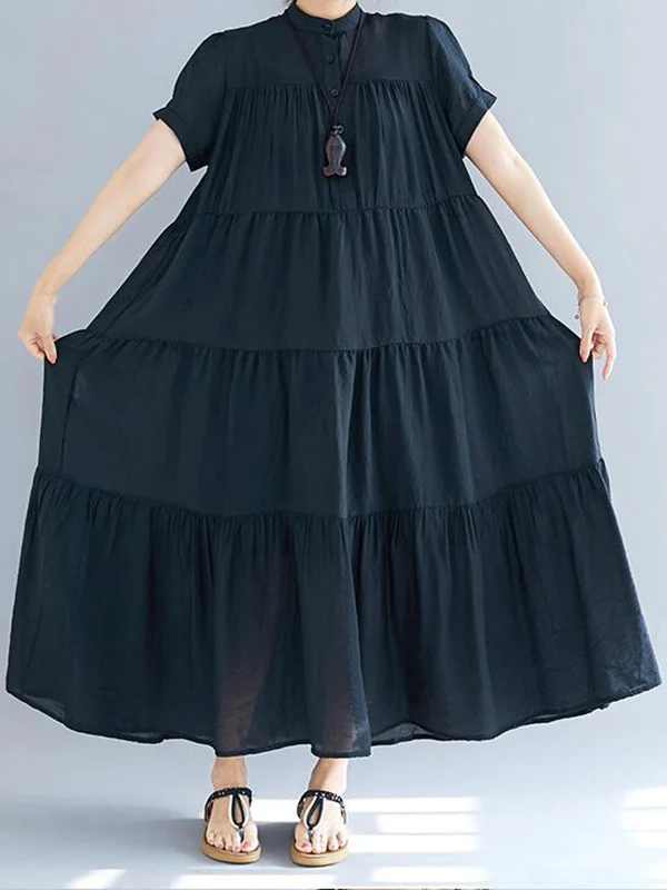 Vintage Loose Split-Joint Pleated Short Sleeves Round-Neck Midi Dress - Image 5