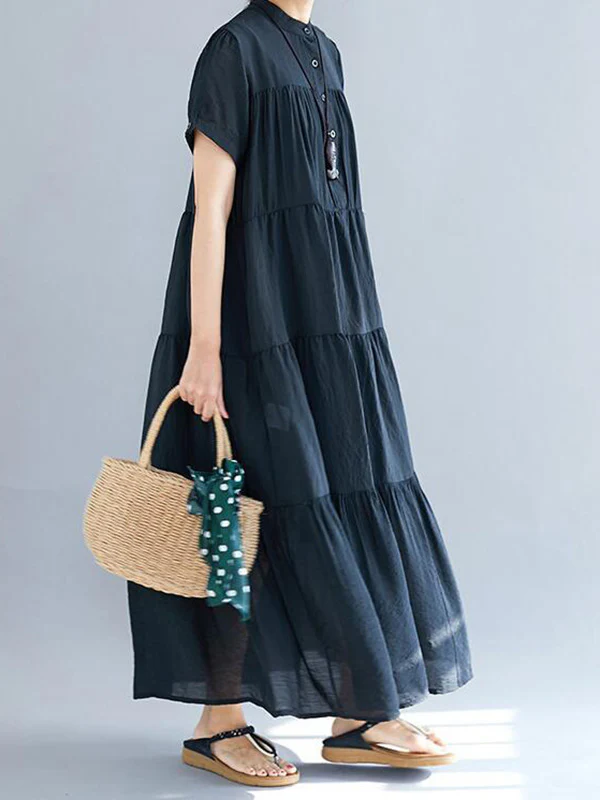 Vintage Loose Split-Joint Pleated Short Sleeves Round-Neck Midi Dress - Image 6