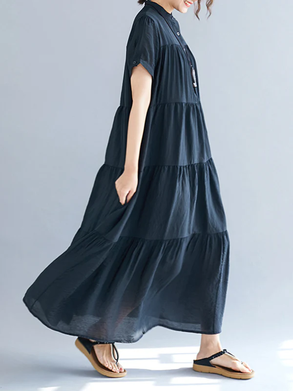 Vintage Loose Split-Joint Pleated Short Sleeves Round-Neck Midi Dress - Image 7