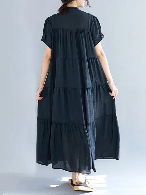 Vintage Loose Split-Joint Pleated Short Sleeves Round-Neck Midi Dress - Image 8
