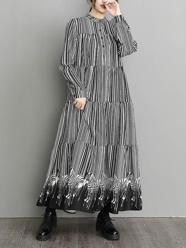 Vintage Loose Striped Buttoned Stand Collar Long Sleeves Midi Dress - Image 2