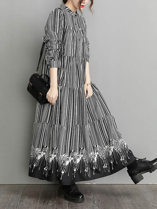Vintage Loose Striped Buttoned Stand Collar Long Sleeves Midi Dress - Image 3