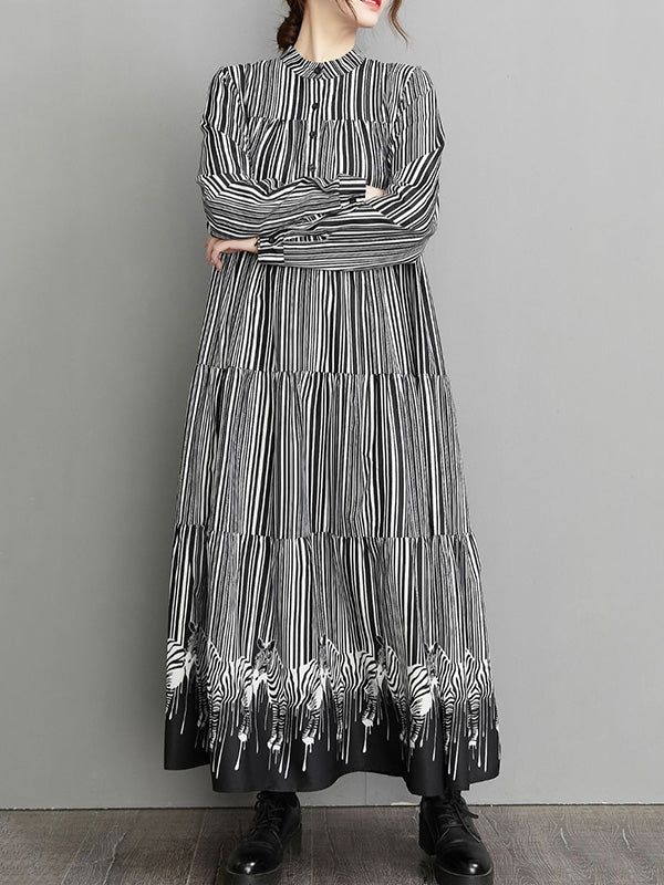 Vintage Loose Striped Buttoned Stand Collar Long Sleeves Midi Dress - Image 4