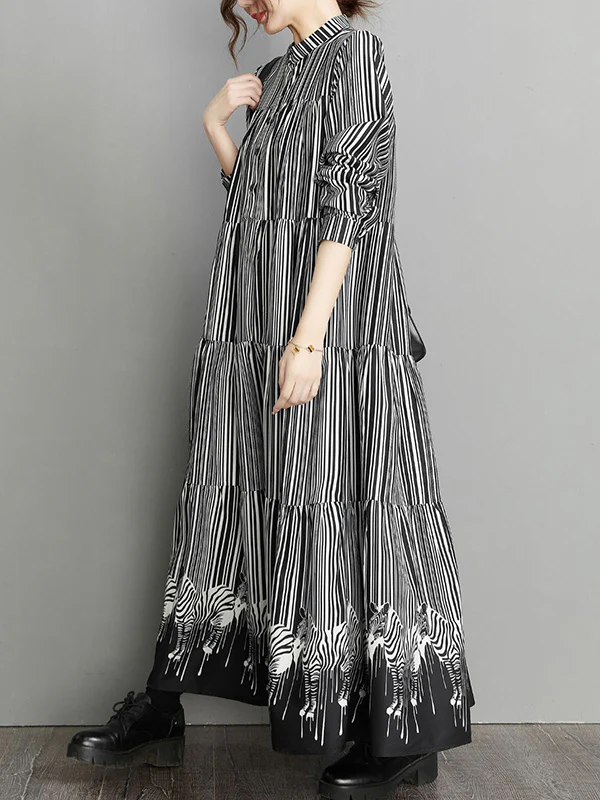 Vintage Loose Striped Buttoned Stand Collar Long Sleeves Midi Dress - Image 5