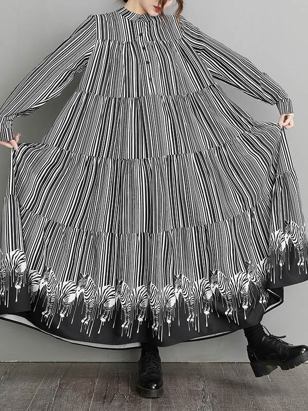 Vintage Loose Striped Buttoned Stand Collar Long Sleeves Midi Dress - Image 6
