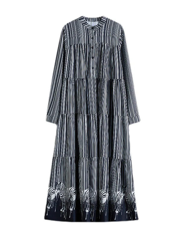 Vintage Loose Striped Buttoned Stand Collar Long Sleeves Midi Dress - Image 7
