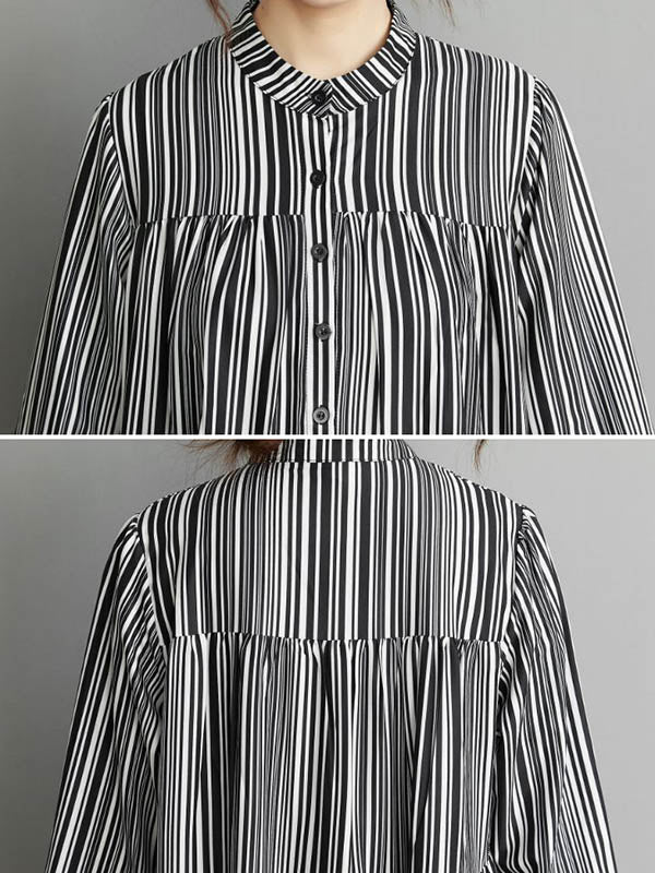 Vintage Loose Striped Buttoned Stand Collar Long Sleeves Midi Dress - Image 8