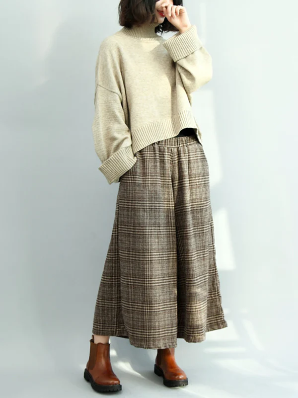 Vintage Loose Wide Leg Checkered Elastic Waist Pants - Image 15