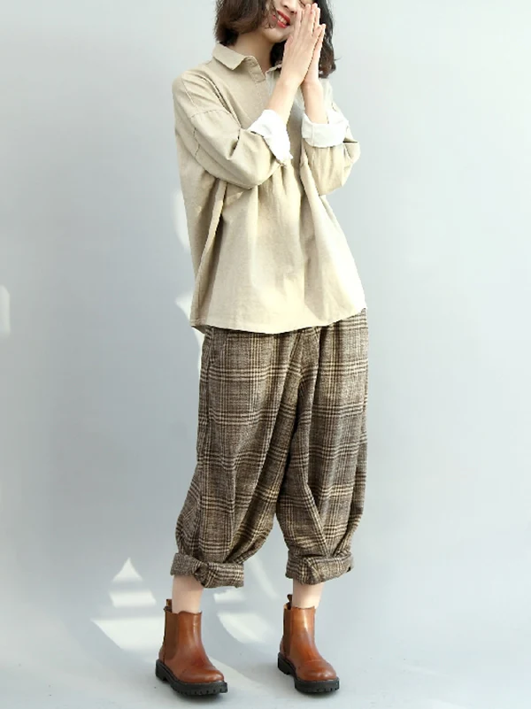 Vintage Loose Wide Leg Checkered Elastic Waist Pants - Image 17