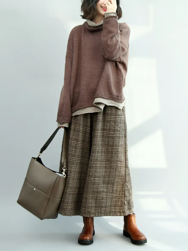 Vintage Loose Wide Leg Checkered Elastic Waist Pants - Image 9