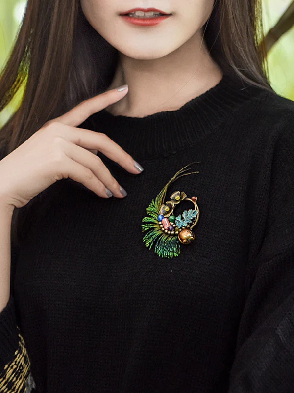 Vintage Peacock Feather Floral Brooch - Image 2