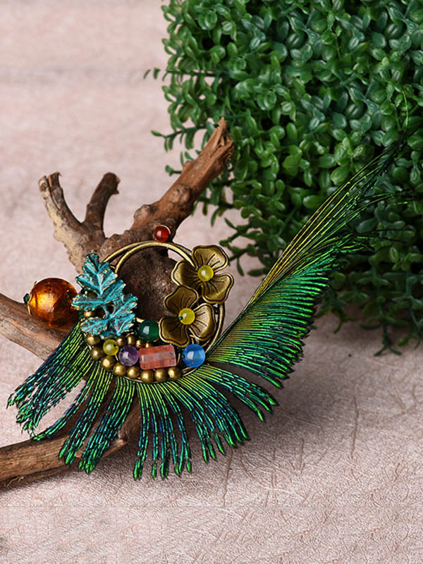 Vintage Peacock Feather Floral Brooch - Image 5