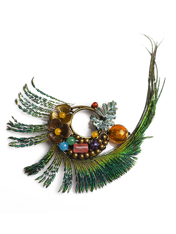 Vintage Peacock Feather Floral Brooch - Image 6