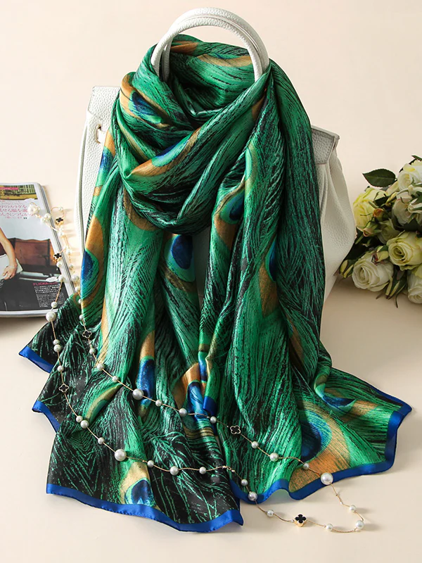Vintage Peacock Printed Silk Imitation Shawl&Scarf - Image 2