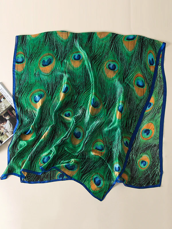 Vintage Peacock Printed Silk Imitation Shawl&Scarf - Image 3