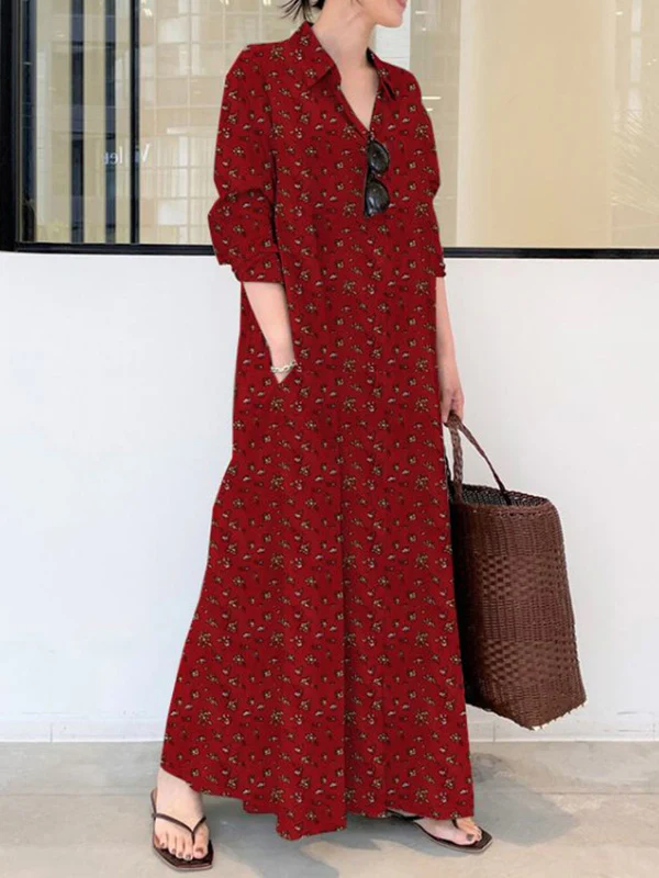 Vintage Printed Lapel Long Sleeve Shirt Maxi Dress - Image 3