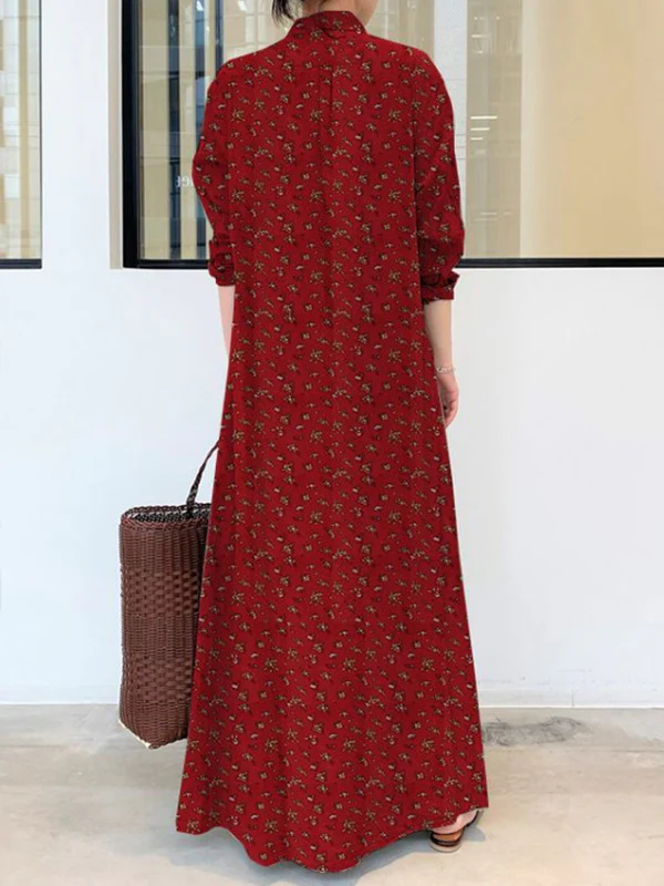 Vintage Printed Lapel Long Sleeve Shirt Maxi Dress - Image 4