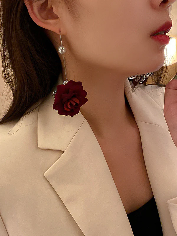 Vintage Red Rose Floral Pearl Earrings Accessories - Image 2