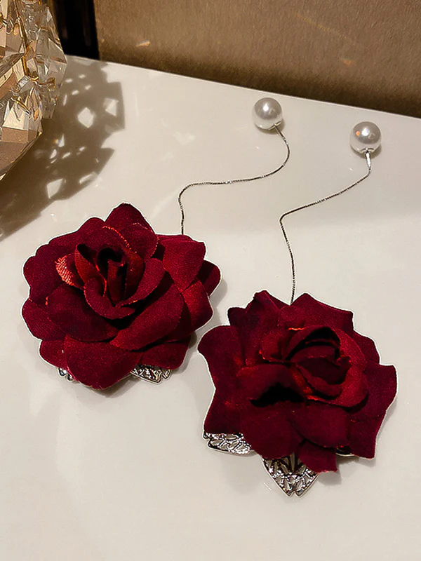 Vintage Red Rose Floral Pearl Earrings Accessories - Image 3