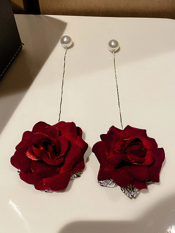Vintage Red Rose Floral Pearl Earrings Accessories - Image 4