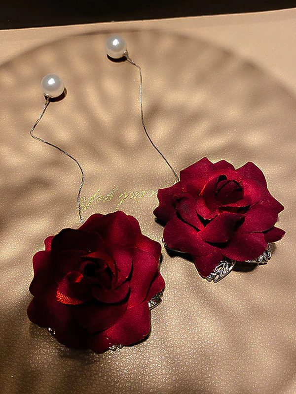 Vintage Red Rose Floral Pearl Earrings Accessories - Image 5
