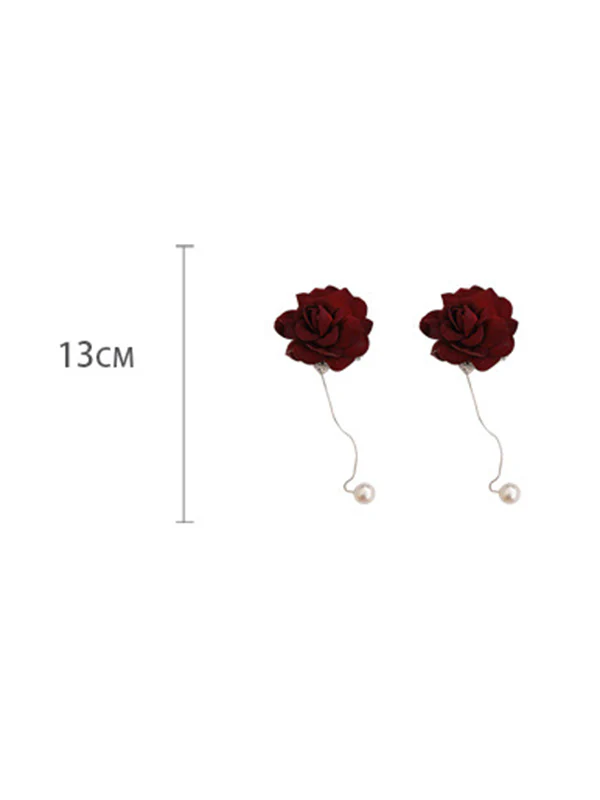 Vintage Red Rose Floral Pearl Earrings Accessories - Image 6