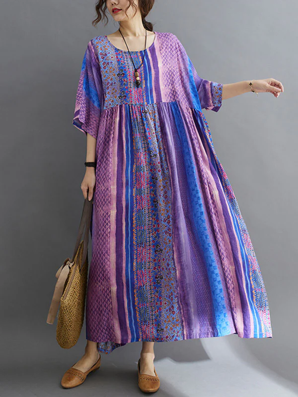 Vintage Side Pocket Striped Floral Printed Midi Dress - Image 2