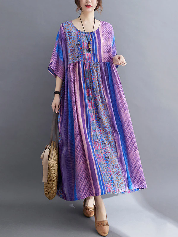 Vintage Side Pocket Striped Floral Printed Midi Dress - Image 3