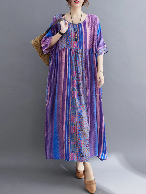 Vintage Side Pocket Striped Floral Printed Midi Dress - Image 4