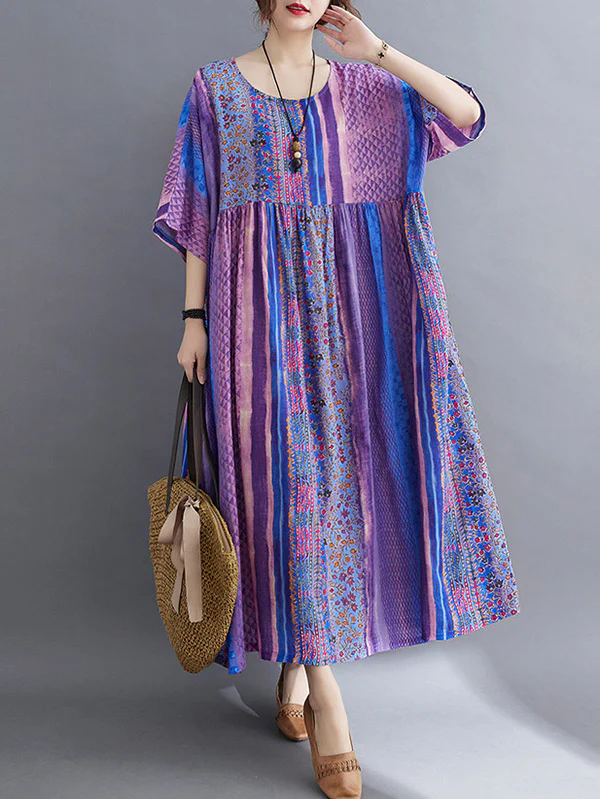 Vintage Side Pocket Striped Floral Printed Midi Dress - Image 5