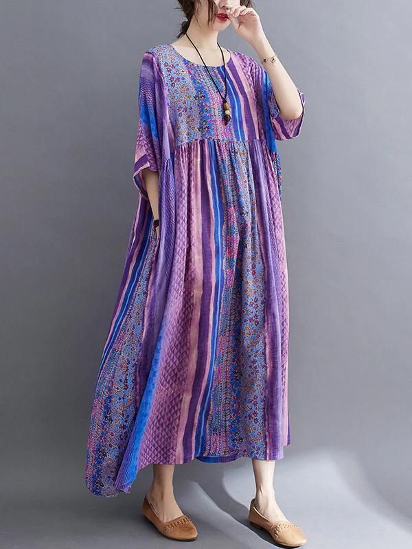 Vintage Side Pocket Striped Floral Printed Midi Dress - Image 6