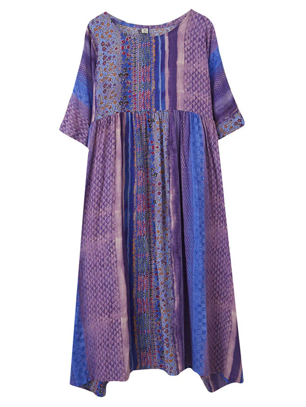 Vintage Side Pocket Striped Floral Printed Midi Dress - Image 9