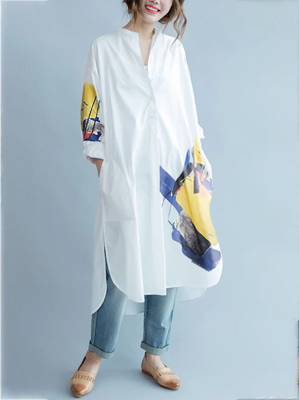 White Asymmetric Printed Split-Side Long Sleeves Shirt Dress - Image 2