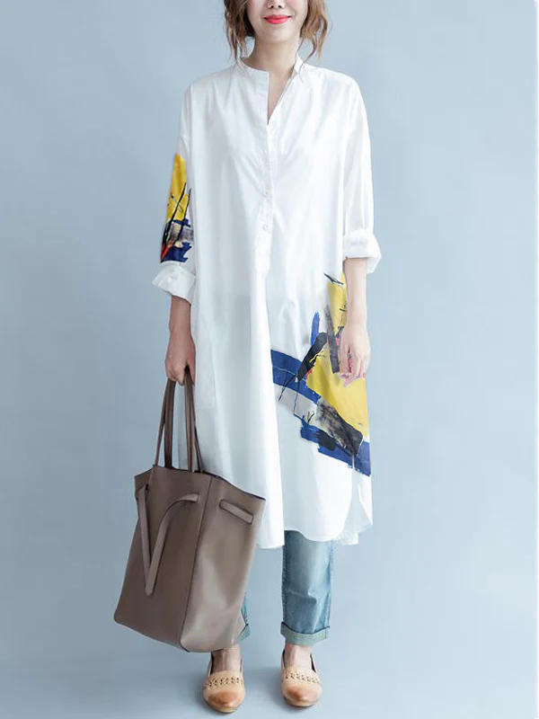 White Asymmetric Printed Split-Side Long Sleeves Shirt Dress - Image 3
