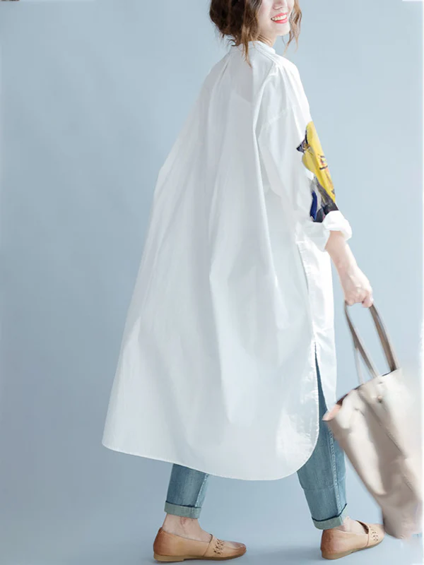 White Asymmetric Printed Split-Side Long Sleeves Shirt Dress - Image 4