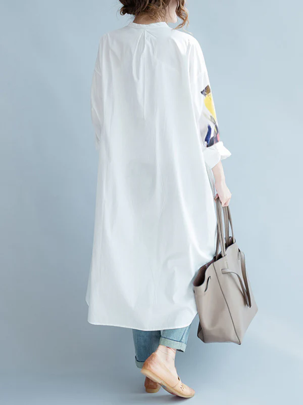 White Asymmetric Printed Split-Side Long Sleeves Shirt Dress - Image 5