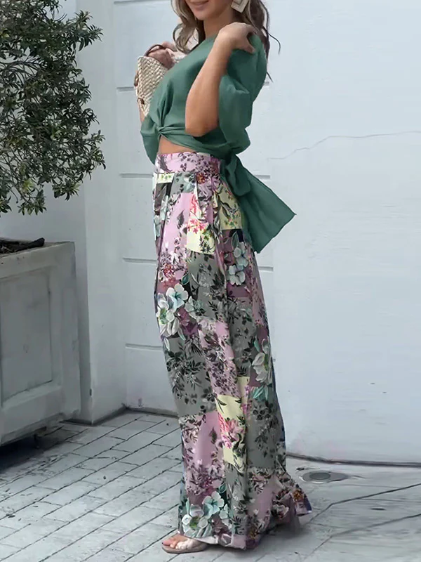 Wide Leg Bandage Bowknot Floral Printed Pockets Shirts Tops&Pants Suits - Image 3